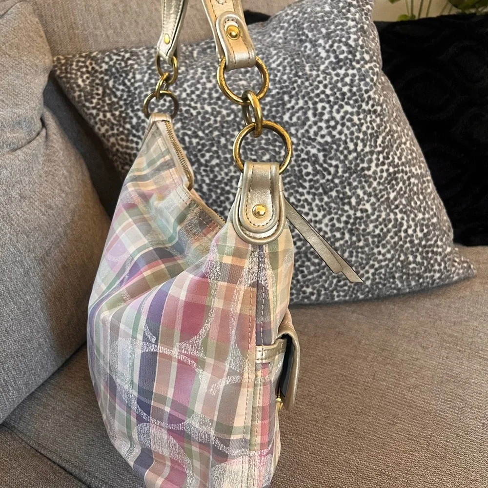 Coach Poppy Madras Tartan Pastel Plaid Hobo Shoulder Bag - Picture 4 of 13
